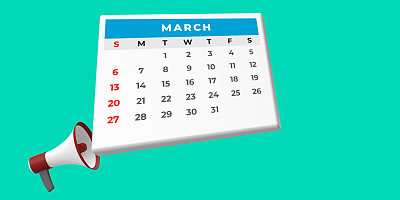 扩音器呼叫2022年3月日历，剪贴路径透明背景与副本空间。