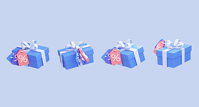 蓝色的礼盒上有丝带和打折券。一套卡通风格的节日礼物。节日礼物的惊喜。独立的盒子为模板横幅。三维渲染