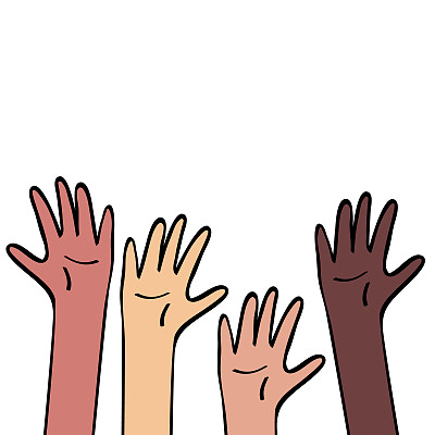 举手，肤色不同。平等多元、种族团结、国际社会理念。插图在平面catron风格，彩色轮廓孤立在白色背景