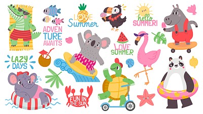 海滩上的卡通小动物暑期活动。考拉冲浪，火烈鸟和大象在充气环上游泳。热带政党向量集
