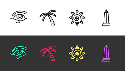 设置线眼睛的荷鲁斯，热带棕榈树，太阳和亚历山大方尖碑在黑色和白色。向量