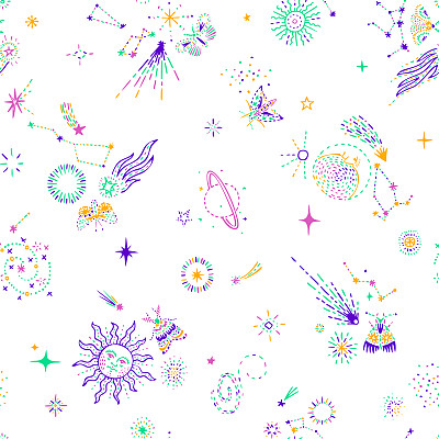 空间背景。恒星无缝图案，恒星，黄道带，星座，太阳，行星，彗星，月亮和昆虫。徒手画。线条画，素描风格。
