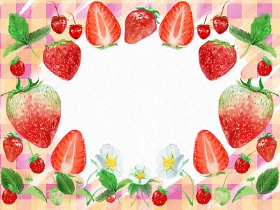 水彩框卡插图新鲜的草莓，白色的花和植物
