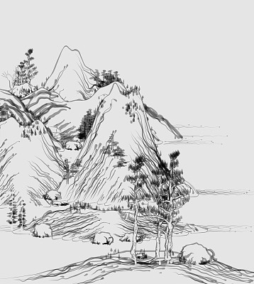 中国传统山水画艺术插画，山树流水