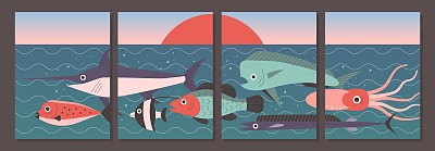 海时髦的横幅。卡通海洋和水相关海报。海底自然。日出的景色。游泳的鱼。海洋剑鱼和鱿鱼。水下拼贴。向量极简艺术集