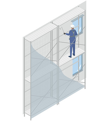 承包商通过安装脚手架对建筑物和公寓的外墙进行测量的等距图