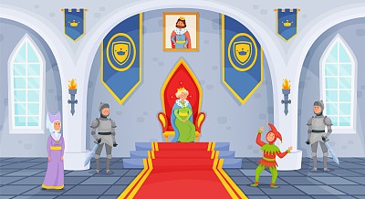 带有宝座的卡通城堡大厅，带有中世纪人物的舞厅内饰。女王，骑士，女士，皇家宫殿房间矢量插图