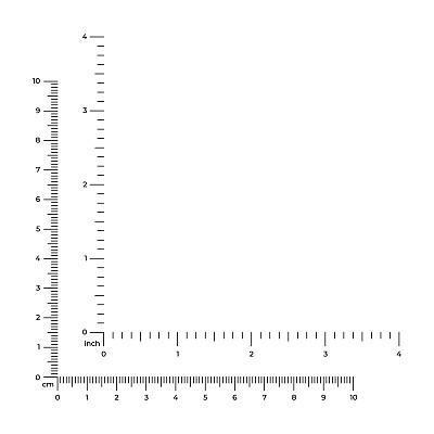 矢量插图的角尺从0到4英寸和从0到10厘米孤立在白色背景上。一组平面风格的测量仪器线。垂直和水平测量尺度。