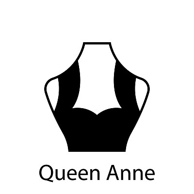 女王安妮的时尚领口类型的女衬衫，连衣裙轮廓图标。黑色t恤，露脐上衣。时尚女士安妮女王型领口。孤立的矢量图