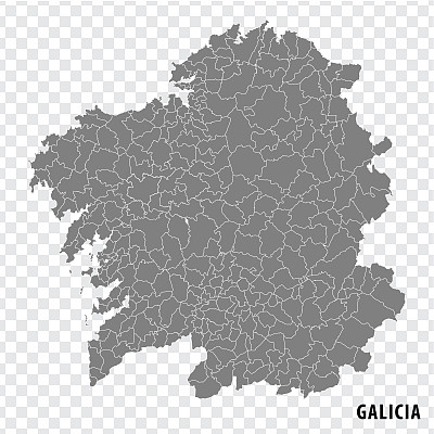西班牙加利西亚的空白地图。高质量的地图，加利西亚的Comarcas透明的背景，为您的网站设计，标志，应用程序，UI。西班牙。EPS10。