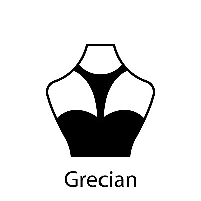 希腊时尚领口类型的女衬衫，连衣裙轮廓图标。黑色t恤，露脐上衣。时髦女士希腊式领口。孤立的矢量图