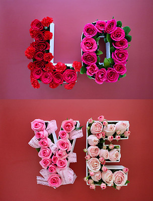 字母形状的形象，白色花瓶的红色，深和浅粉色玫瑰拼写单词“爱”，蕾丝丝带，红色和粉红色的背景，情人节和浪漫的概念，提升的观点