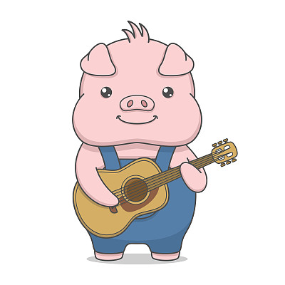 可爱的小猪角色弹吉他
