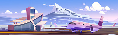 冬季机场候机楼和私人飞机