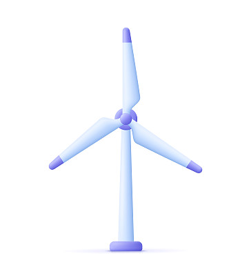 风力磨坊，风力涡轮机，长叶片风力发电站。可再生风能，绿色和替代生态能源的概念。3 d矢量图标。卡通最小的风格。