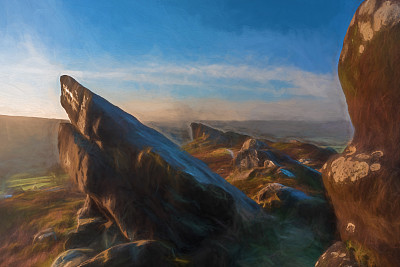 在山顶区国家公园的拉姆肖岩石上，一幅美丽的拉姆肖岩石日出的数字画。
