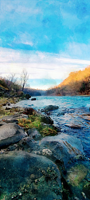 水彩效果的田园诗般的风景在Soča山谷的索尔坎在春天的全景