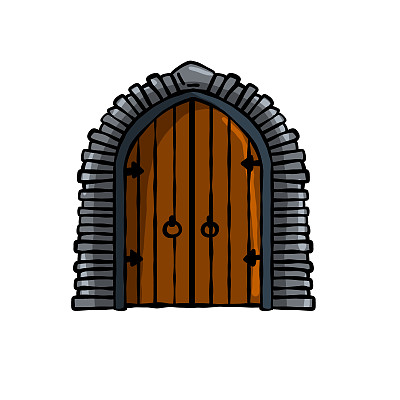 古老的城堡木门。要塞或房屋的古代入口。卡通的风景。地牢的门。有拱门和门洞的门。手绘轮廓图
