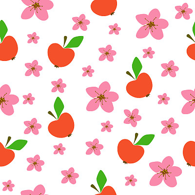 无缝图案的苹果花，红色的苹果在白色的背景。绘制花园水果孩子打印，矢量eps 10