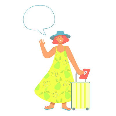 快乐的女孩挥手，站在手提箱，夏装。旅游的概念
