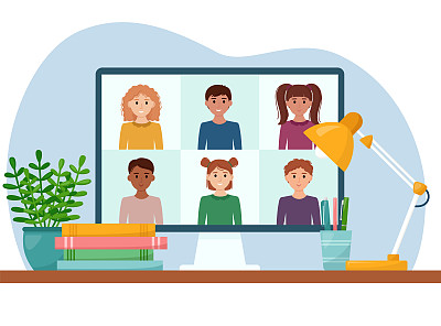 E-learning在线教育理念。在网上聊天。在家学习，矢量插图