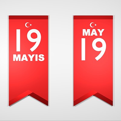 5月19日庆祝横幅，白色背景，土耳其语和英语