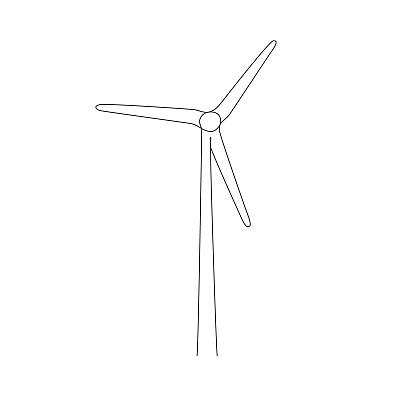 风车、风力发电机、单幅连续画线艺术。风车塔节约生态绿色能源用电。生成涡轮一个草图轮廓。矢量图