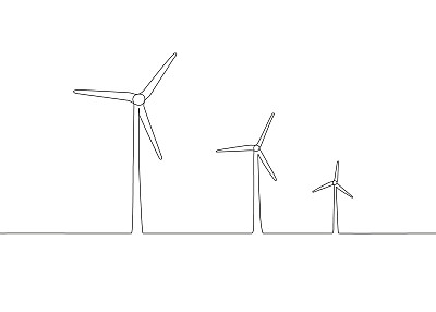 风车、风力发电机、单幅连续画线艺术。风车塔节约生态绿色能源用电。景观与风力发电机。矢量1轮廓图