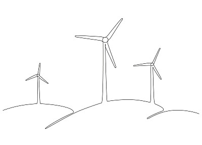 风车、风力发电机、单幅连续画线艺术。风车塔节约生态绿色能源用电。山坡上有风力发电机。矢量1轮廓图