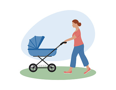 夏天妈妈推着婴儿车走。妇女推着新生儿的婴儿车，小孩的婴儿车。年轻的母亲带着婴儿在公园散步。平面向量插图