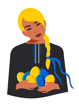 复活节快乐。一名身穿绣花衬衫、长发编成辫子的乌克兰妇女手里拿着复活节黄色和蓝色的彩蛋。向量。