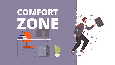 走出舒适区。衣冠整齐的员工跳离开舒适的办公室，陷入困境的企业家敢于走出舒适的区域，为增长激励成功新的生活矢量插图