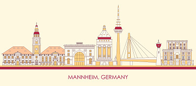 德国曼海姆市的卡通天际线全景