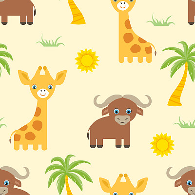 可爱的非洲动物无缝图案。向量婴儿背景。卡通平面插图长颈鹿，水牛，草，太阳和棕榈树上的黄色。