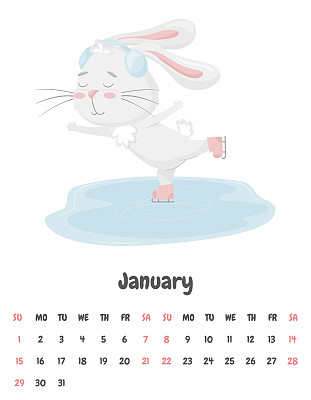 2023年1月的日历页，可爱的兔子戴着耳机在溜冰场溜冰。可爱的动物，一个色彩柔和的角色。矢量插图在白色背景