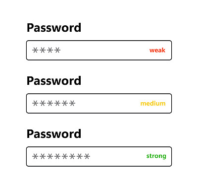 密码弱、中、强接口。网站密码表格模板。数字安全栏。安全要求。App设计布局界面。矢量插图孤立在白色背景上
