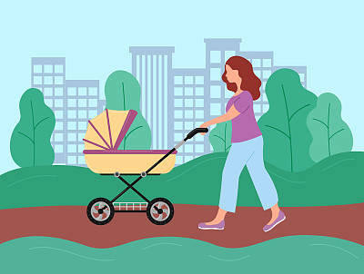 夏天推着婴儿车走路。妇女推着新生儿的婴儿车，小孩的婴儿车。年轻的母亲带着婴儿在公园散步。平面向量插图
