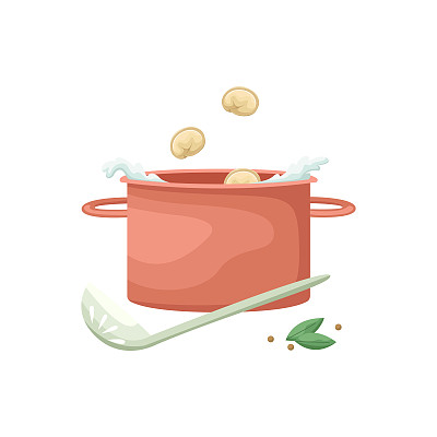 一个俄罗斯饺子被扔进锅的矢量插图。烹饪pelmenies。国家食品。