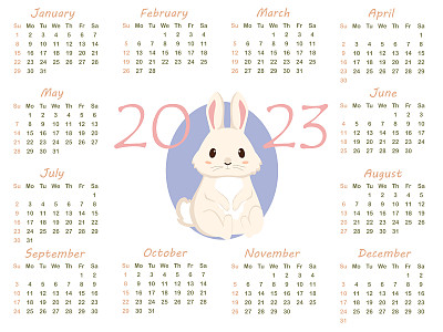 日历2023生肖，兔年，可爱的卡通白兔