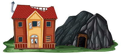 一个废弃的房子，白色背景上有一个岩洞