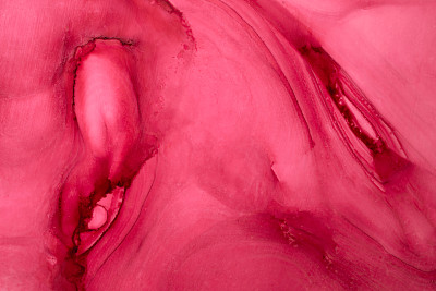 红宝石粉色墨水抽象背景，大理石纹理，流体艺术图案壁纸，油漆混合水下波浪斑点和污渍