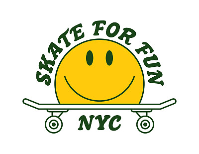 滑板t恤设计与滑冰，表情微笑和口号。排版图形的纽约t恤上的滑板主题与微笑。打印服装。向量