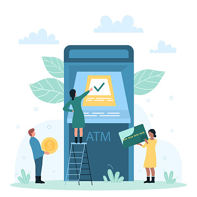 ATM电子银行服务，支付，兑换和转账与微小的人