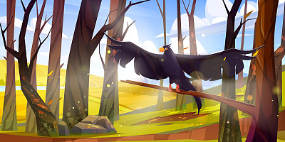 黑乌鸦在河岸的秋天森林里飞翔