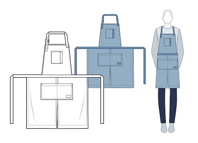 制服设计围裙时装平模板。男女通用围裙时尚平面技术图纸模板。蓝色牛仔围裙时尚设计理念。厨房防护围裙时尚设计。