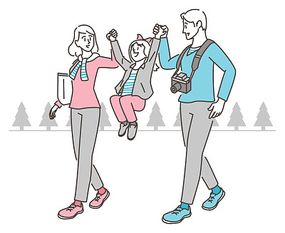 矢量插图一家三口-父亲，母亲和女儿-在公园散步。