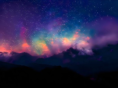 银河和粉红色的光在山上。晚上多彩的景观。布满星星的天空和山丘。美丽的宇宙。空间背景与星系。旅游的背景