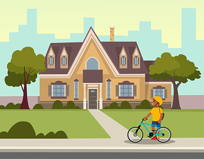 老的复古房子与男孩和自行车在前面平面矢量插图设计