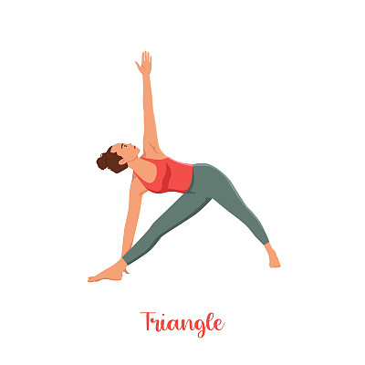 女人做三角瑜伽姿势，三角式，伸展运动，体式有助于缓解压力。平面矢量插图孤立在白色背景上