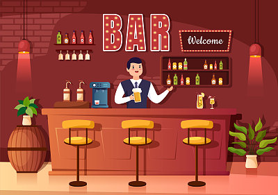 酒吧或酒吧在晚上与酒精饮料瓶子，调酒师，桌子，室内和椅子在室内房间的平面卡通插图